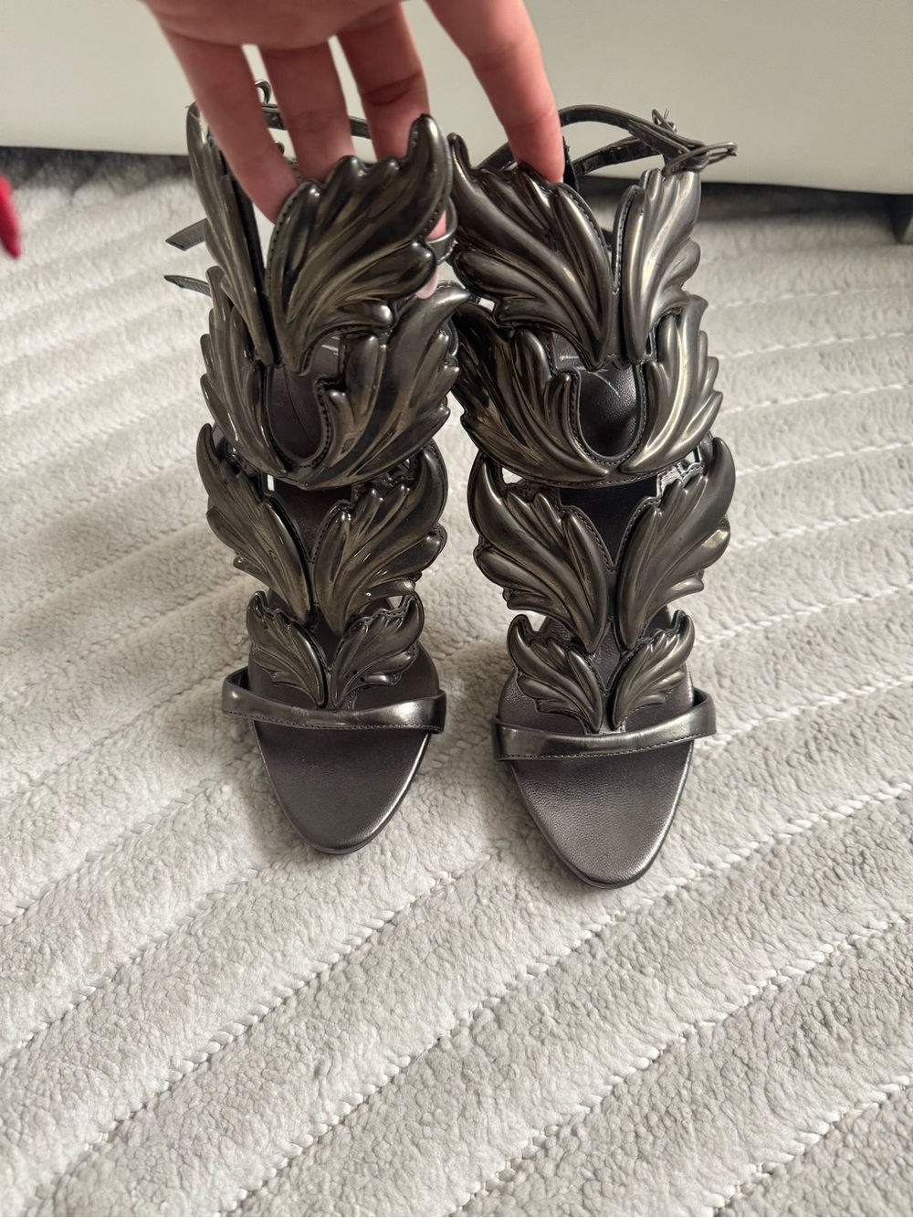 Giuseppe Zanotti Metallic Gunmetal Leaf-Embellished Stiletto Sandals